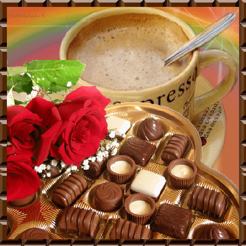 kawa z rana - espresso z różami i czekoladkami 1.gif